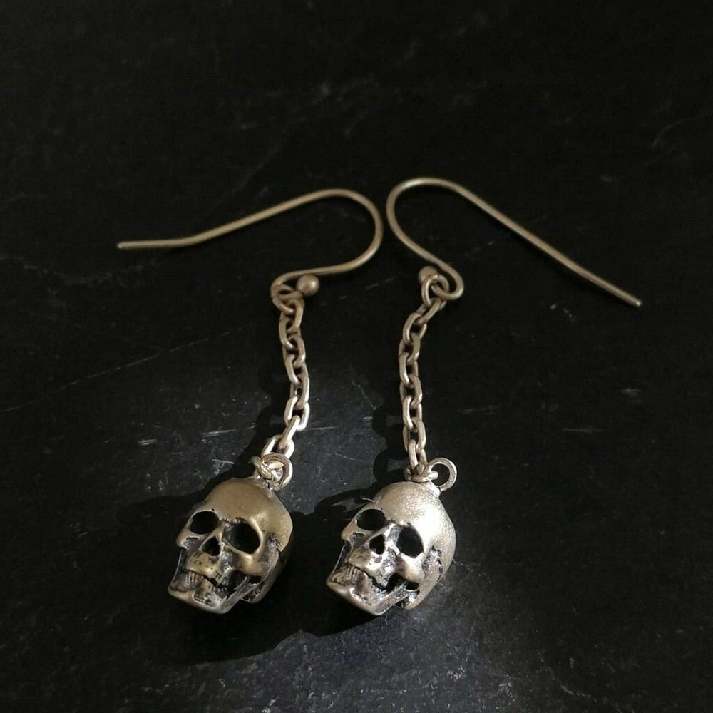 925 Sterling Silver Tiny Skull on Chain Drop Earrings Lightweight Gothic Unique