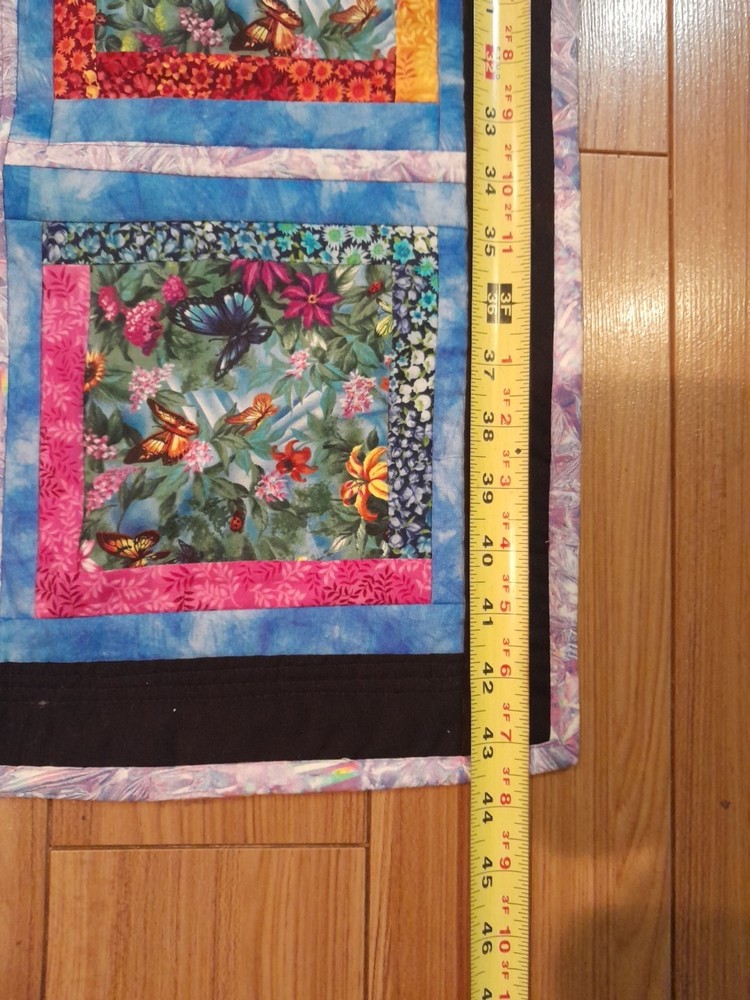 Handmade , Blue Quilt, Floral Design, Cabin Block Pattern, Reverse 43" × 43 "