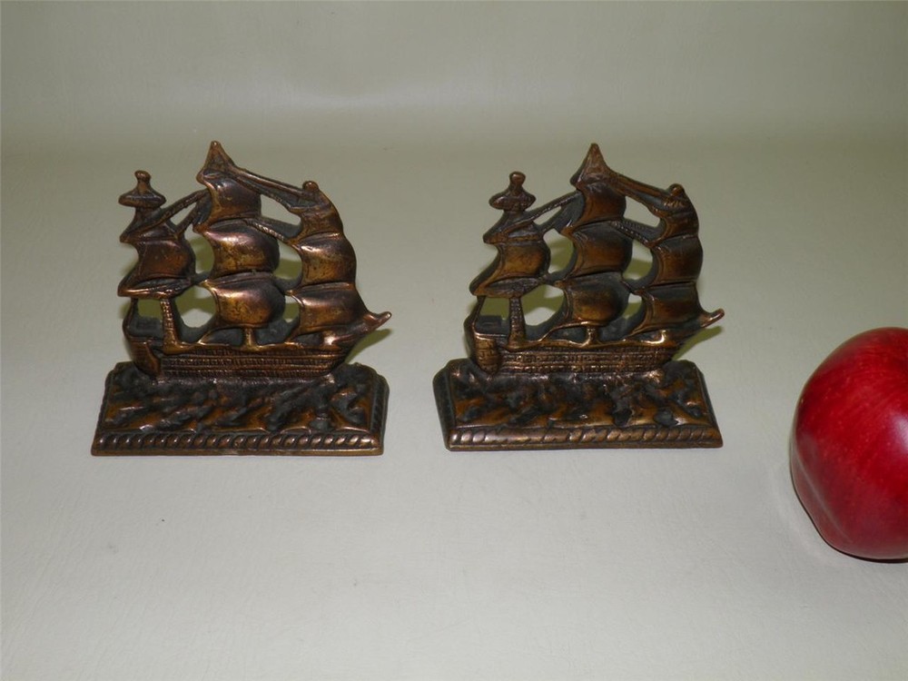 ANTIQUE SOLID BRONZE BOOKENDS GALLEON NAUTICAL SHIP