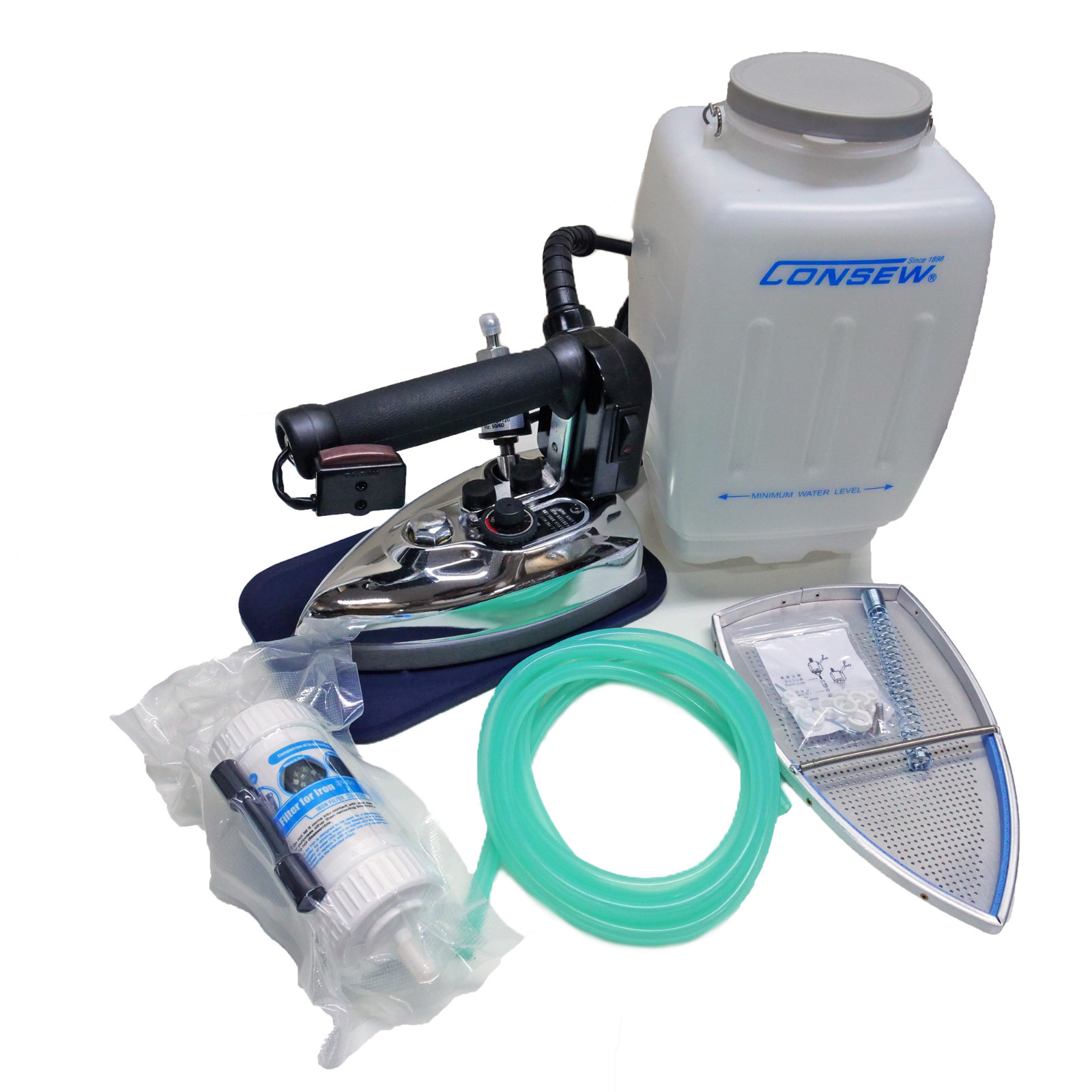 Consew CES-85AF Gravity Feed Commercial Electric Steam Iron Complete Set