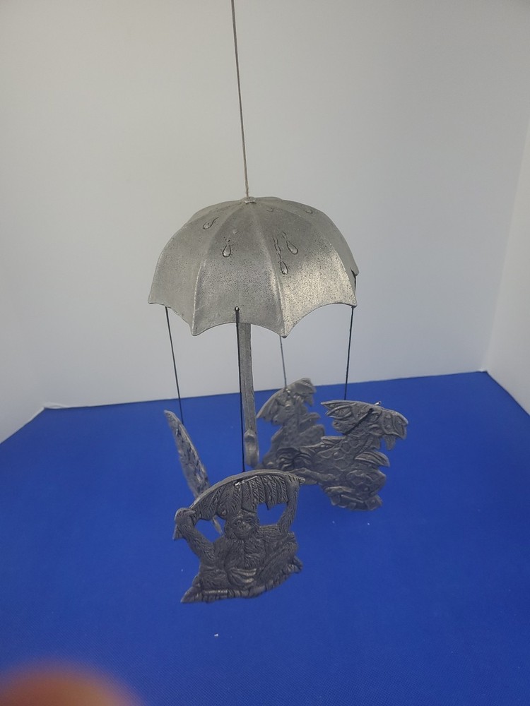 Vintage 1992 Carson Pewter Canopy Wind Chime Rain Monkey Turtles Giraffe Bear