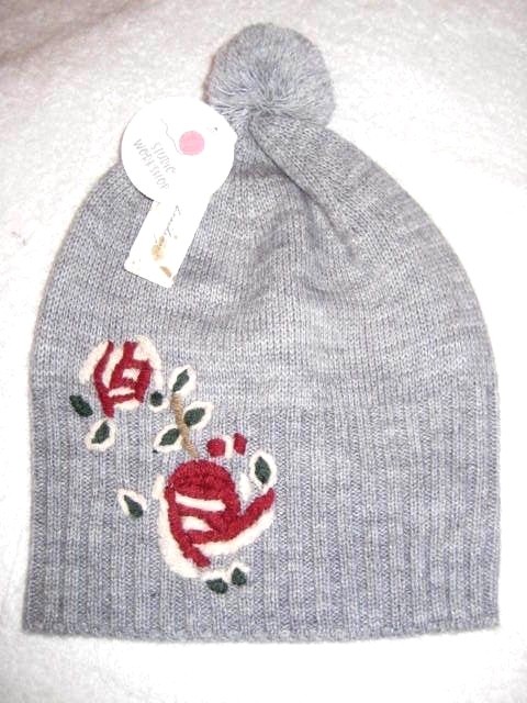Studio Workshop Womens Floral Embroidered Knit Wool Scarf Hat 2pc Set Gray Multi