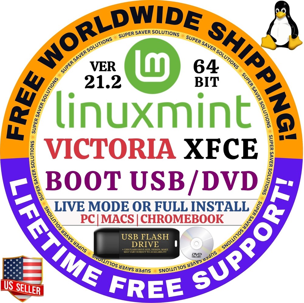 Linux MINT 21.2 USB VICTORIA XFCE 64-Bit Live Boot, Full Install for MAC, PC
