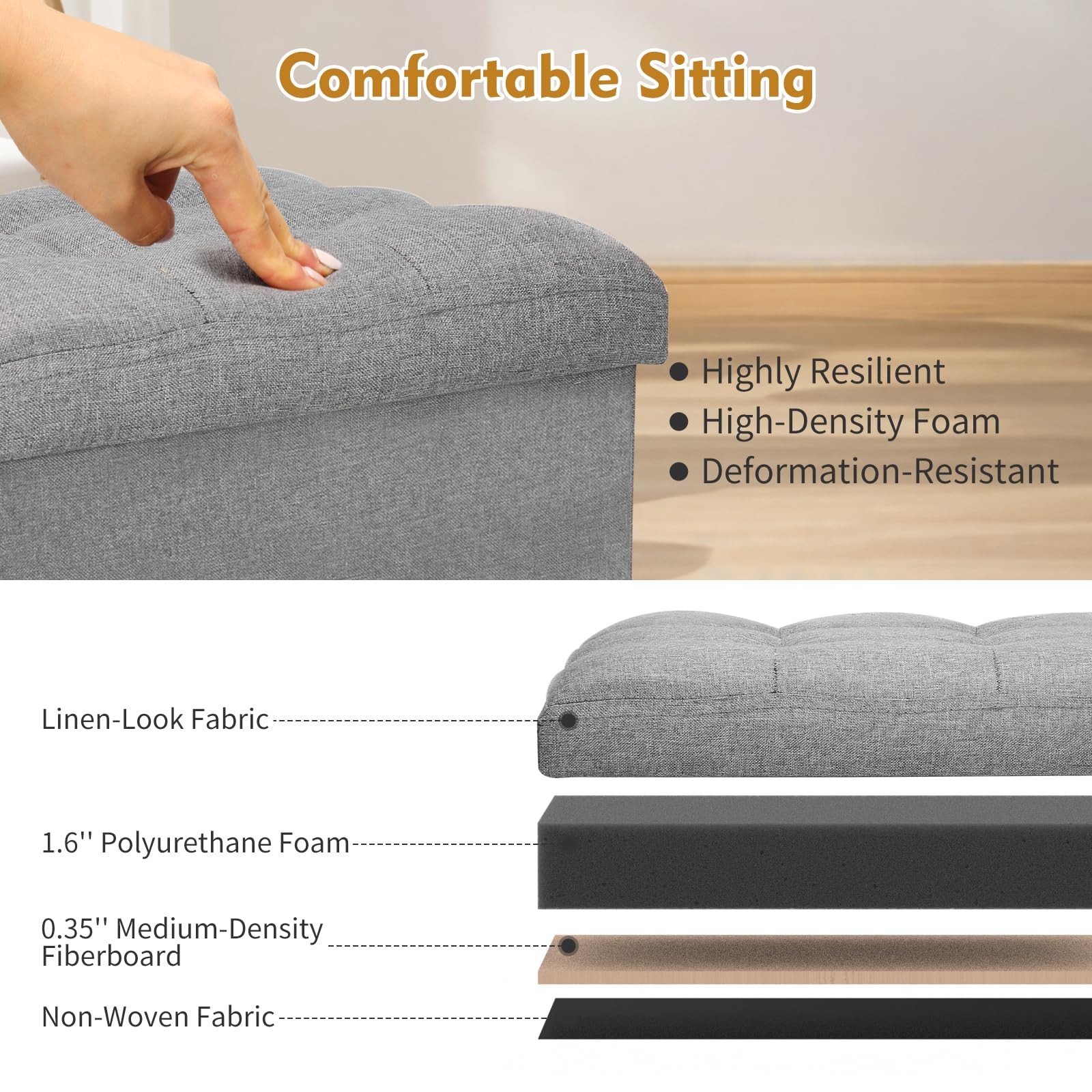 Storage Ottoman with Extra Thick Foam Padded Seat, Foldable Foot Rest Stool w...