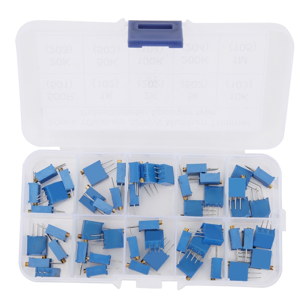 50pcs Variable Resistor 10 Values 3296W Regulating Resistance Trimmer Tool Part