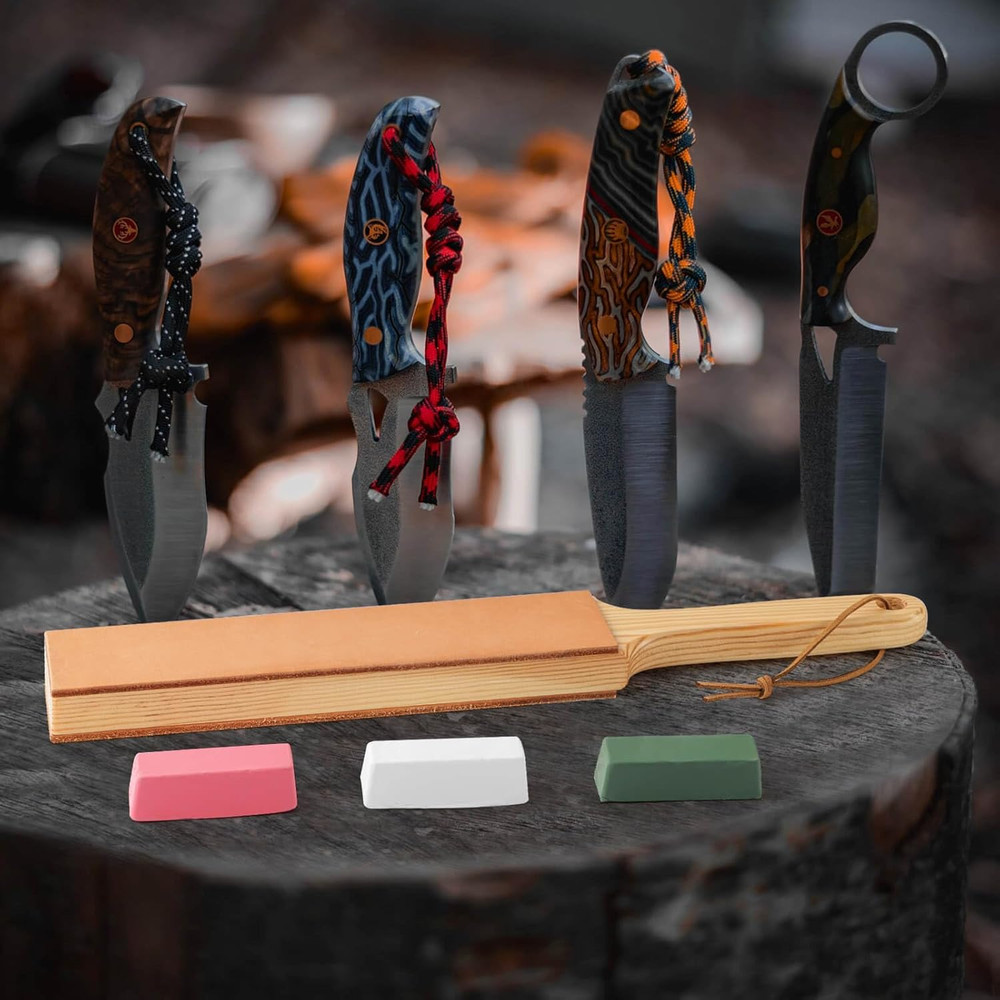 Double Side Leather Strop for Knife Sharpening - 14"X 2" Stropping Block Kit wit