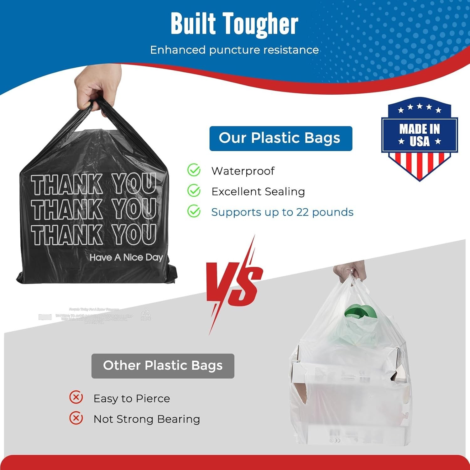 1000 Black Thank You T-Shirt Bags 12" x 6.5" x 21" Plastic Grocery Shopping Bags