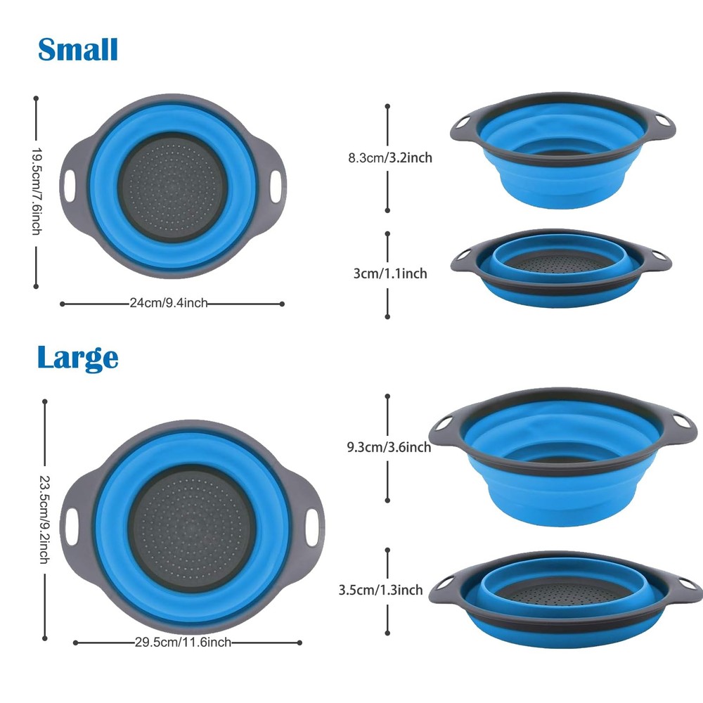 Foldable Colander Set, 2 PCS Grade Silicone Strainer, Blue