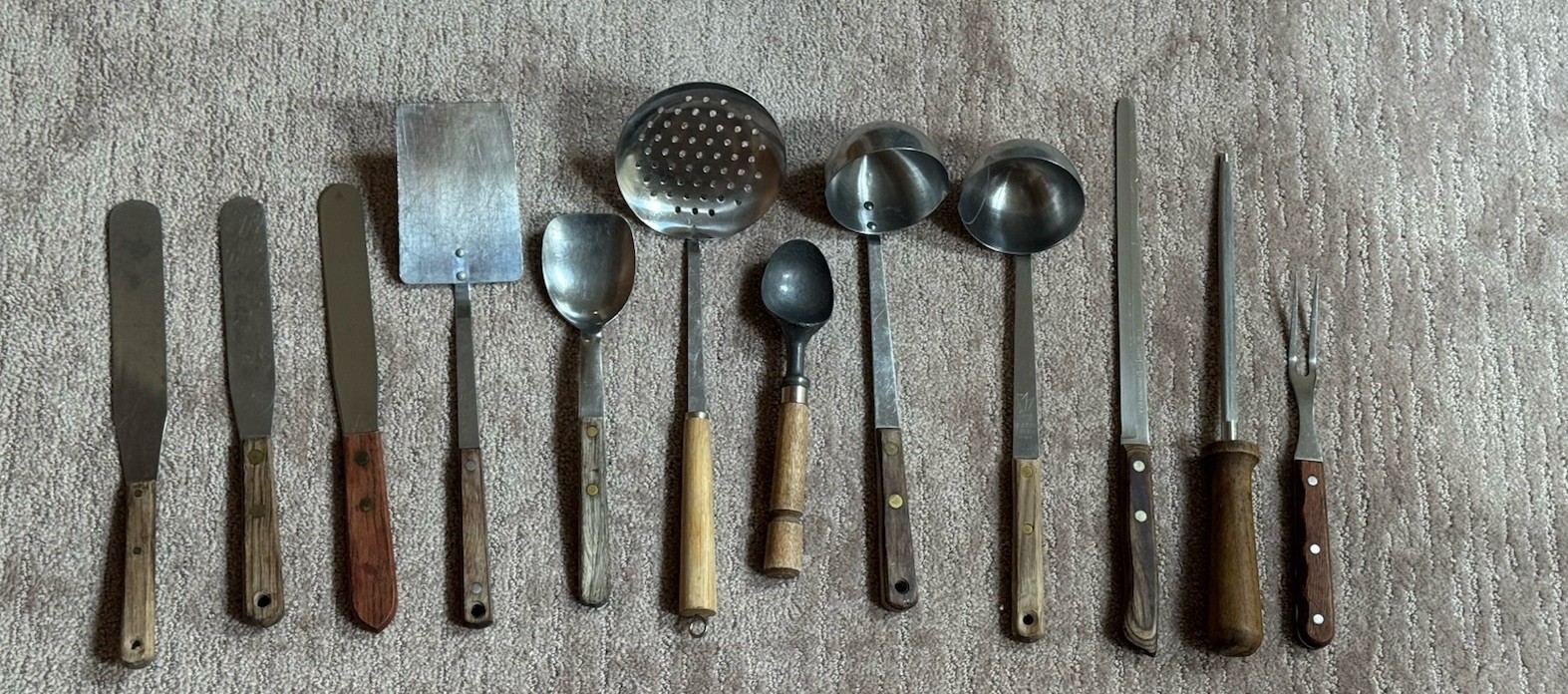 Lot 12 Utensils w/ Wooden Handles Stainless Helco Flint Blue Ribbon Japan USA