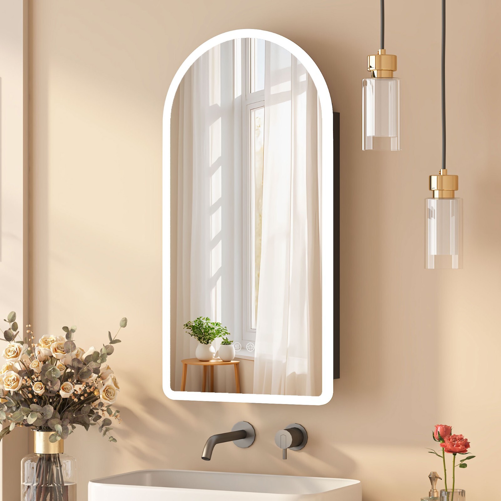 Arched LED Lighted Bathroom Medicine Mirror Cabinet with Anti-Fog Dimmable Light
