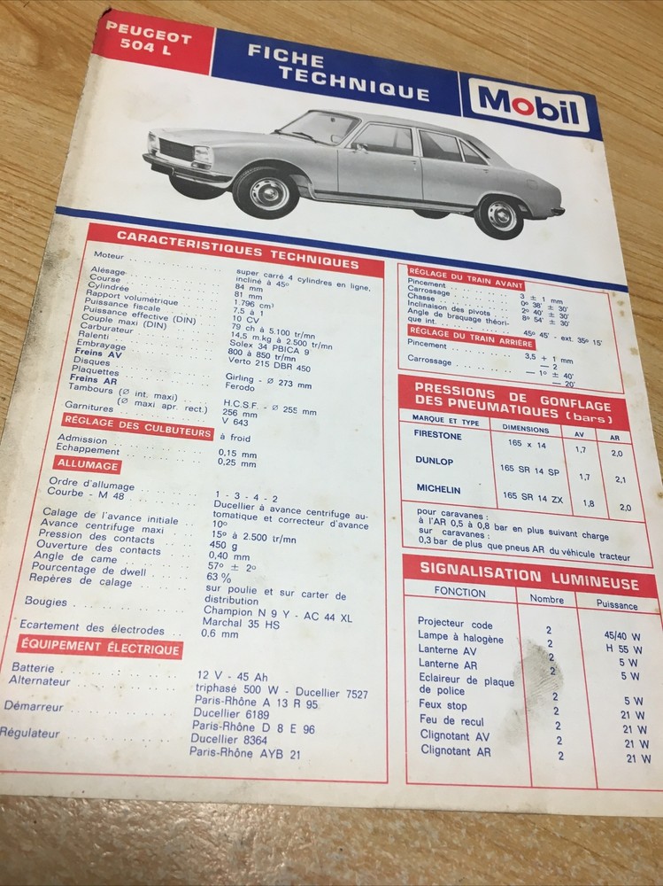 Automobile Technical Sheet Peugeot 504 L Greasing Maintenance