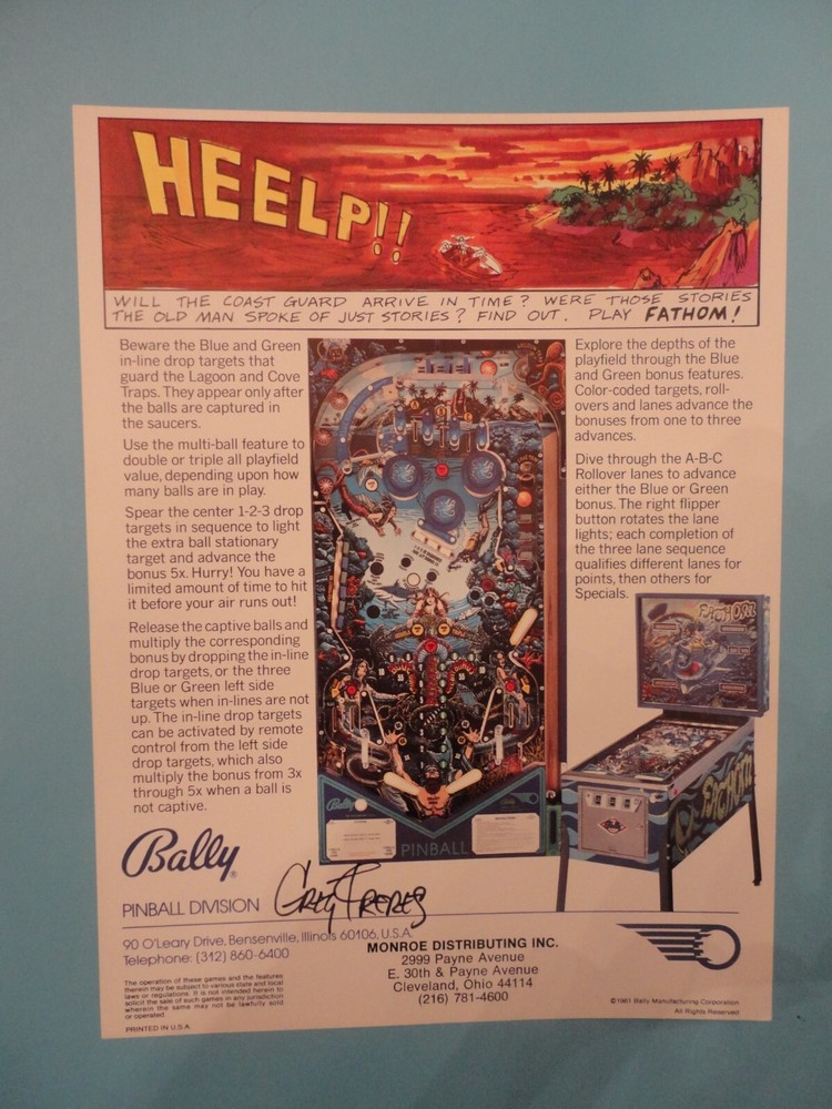 Fathom Pinball Machine Flyer Bally Original Autographed Brochure