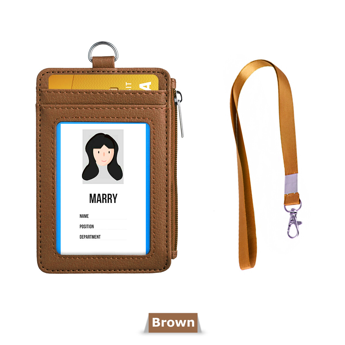ID Badge Card Holder Synthetic Leather Vertical Clip Neck Strap Lanyard Case