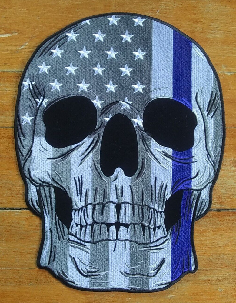 LARGE Embroidered Back Patch ~ Police USA Flag Thin Blue Line SKULL Jacket PATCH