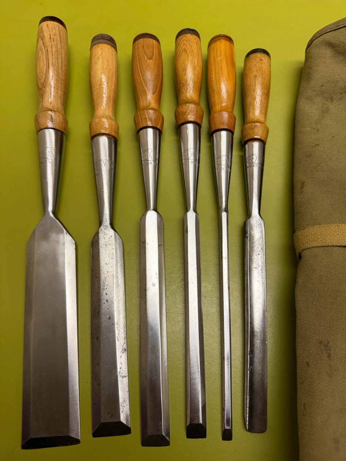 SUPERB 6-pc Set PEXTO vtg Socket Chisels w/MATCHING Handles & CANVAS TOOL ROLLUP