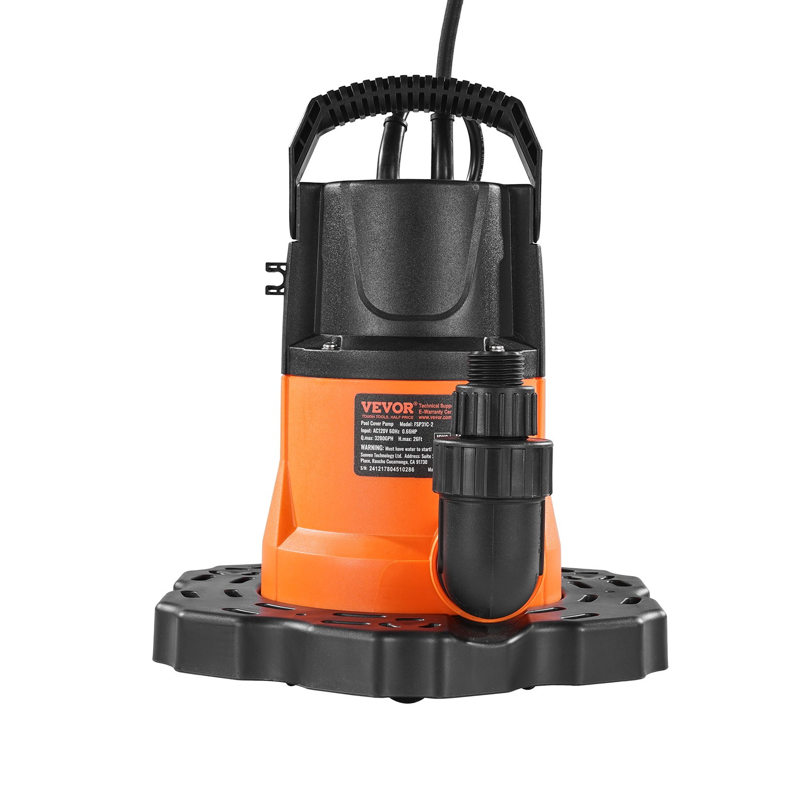 VEVOR Automatic Pool Cover Pump Submersible Swimming 0.66 HP 3200 GPH 25 ft Cord