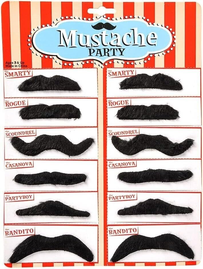 3.5" 12pcs Fake Black Mustaches - Self-Adhesive Party Theater Costume Prop Fun!