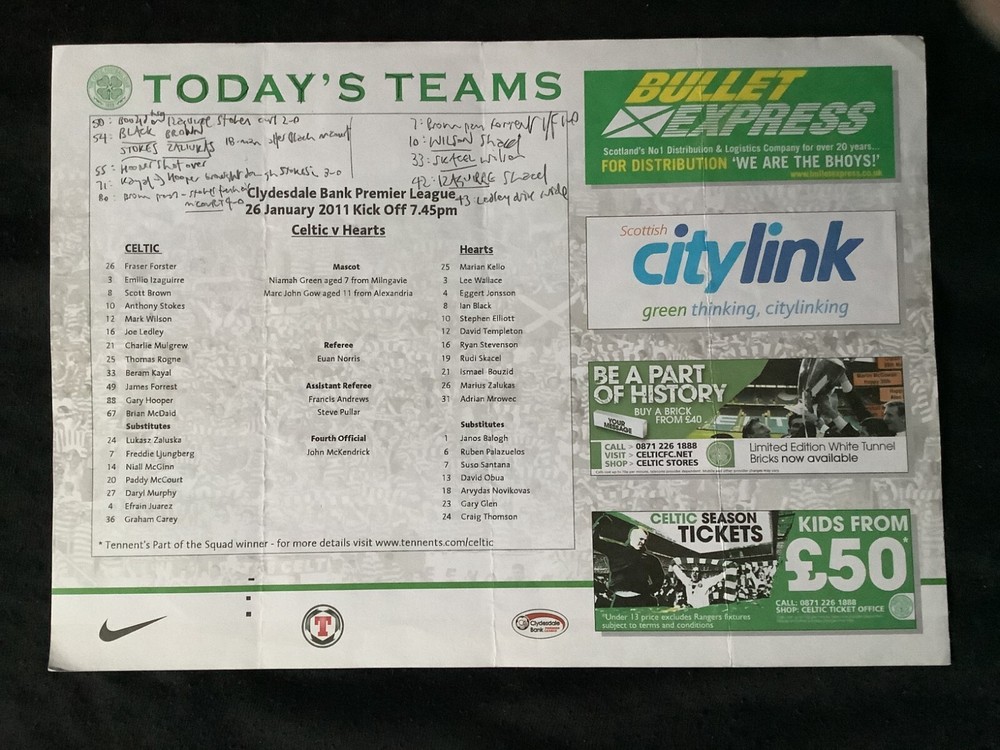 2010/11 Celtic v Hearts January teamsheet