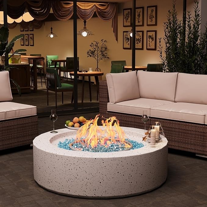 Round Propane Fire Pit Table Set For Patio, Premium Terrazzo Finish