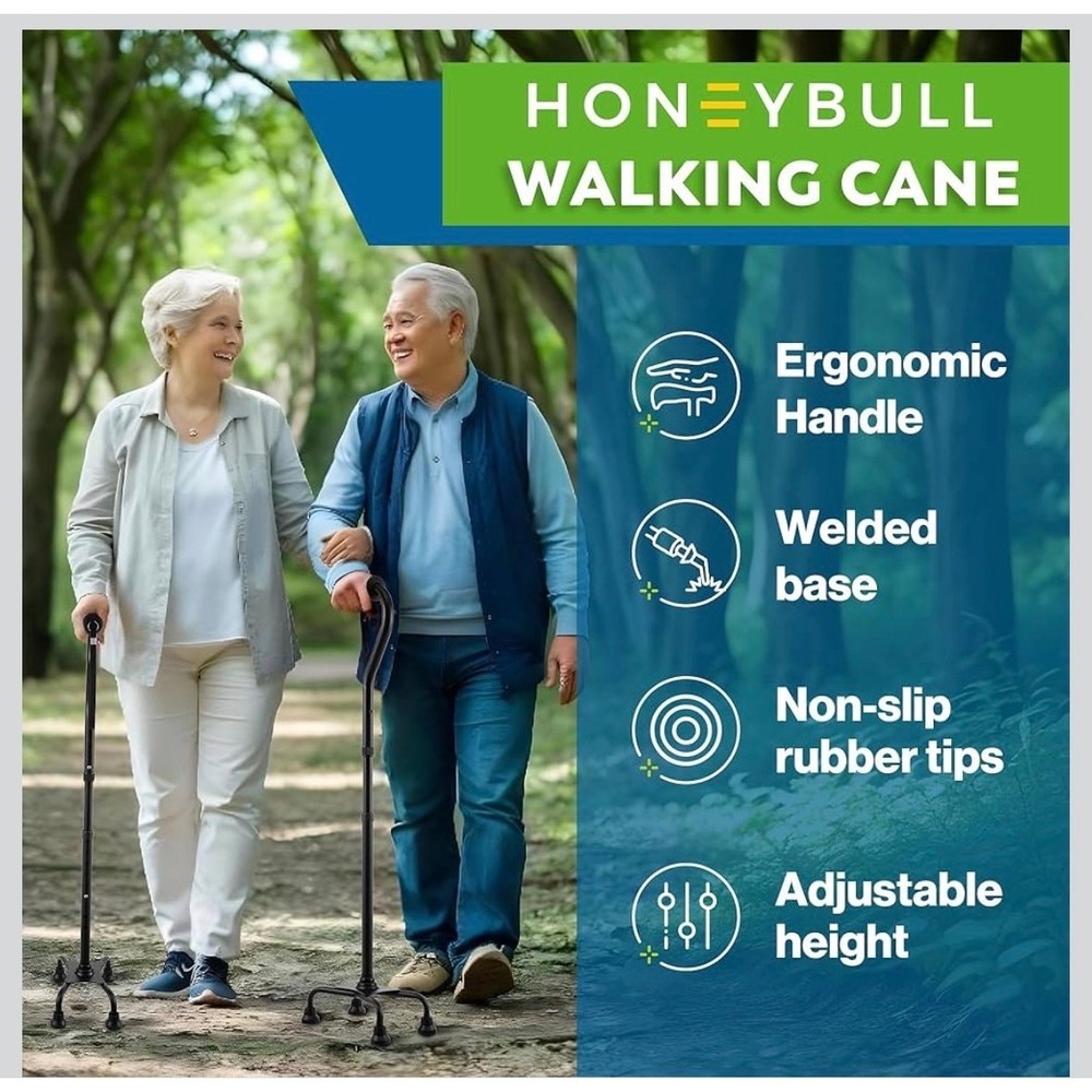 Quad Cane Walking Stick Adjustable Lightweight 4 Prong Base Black