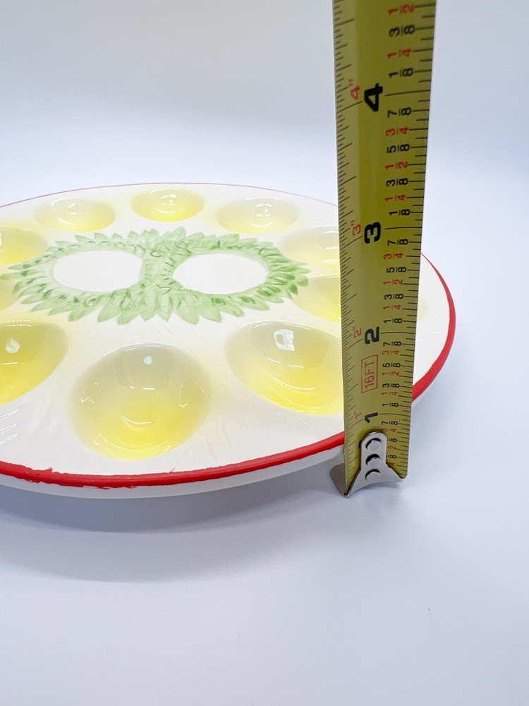 Vintage Ceramic ?Enesco Easter deviled eggs platter round, green/yellow/red 9”