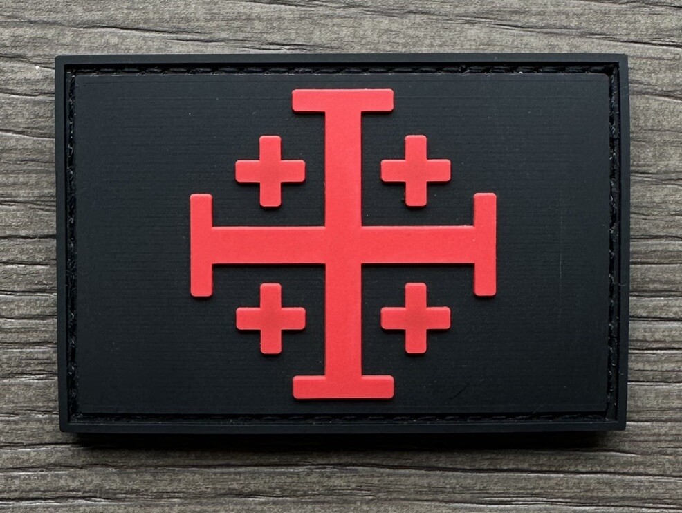 JERUSALEM CROSS INFIDEL CRUSADER TEMPLAR BLACK RED PVC RUBBER HOOK PATCH