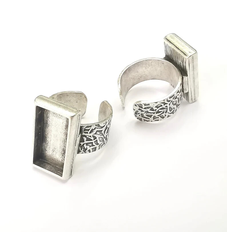 Rectangle Ring Blank Base Bezel Setting Antique Silver Adjustable 20x10mm G28600