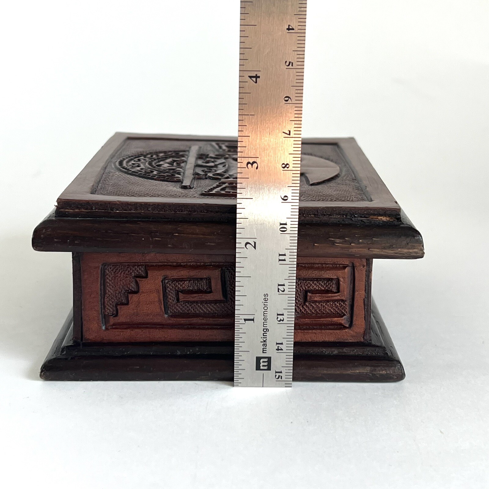 Engraved Wood Jewelry Trinket Box Peruvian Inca God of Creation With Mirror 5.5