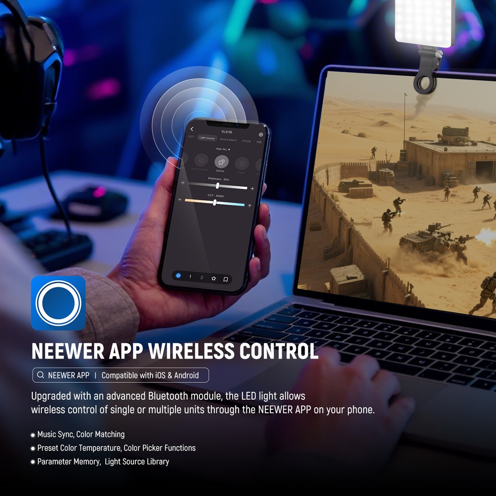 NEEWER VL67BD APP-Controlled Selfie Light w/2000mAh Battery