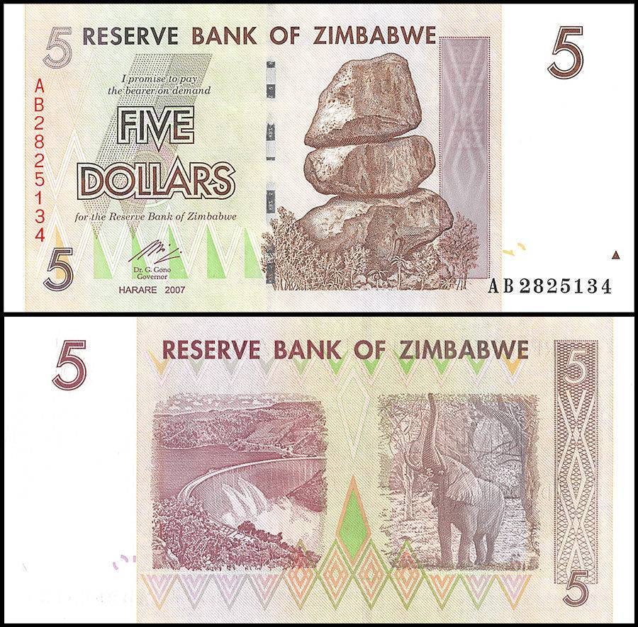 Zimbabwe 5 Dollars, 2007, P-66, UNC