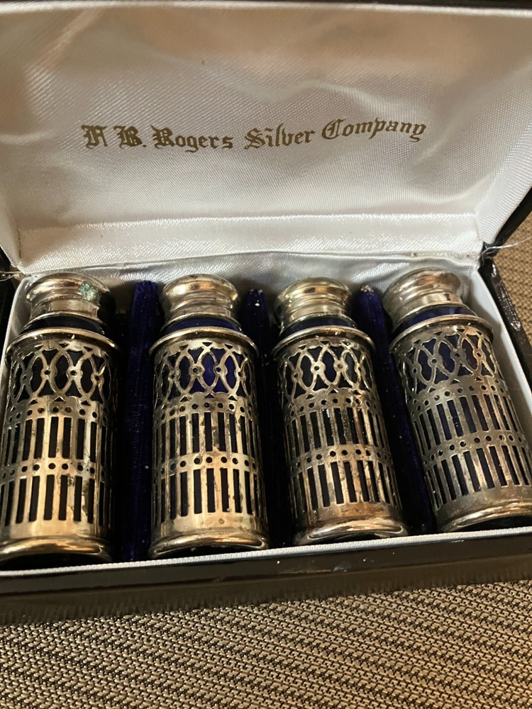 F B Rogers Silver Co Silverplate & Cobalt Blue Glass Salt & Pepper Shakers Japan