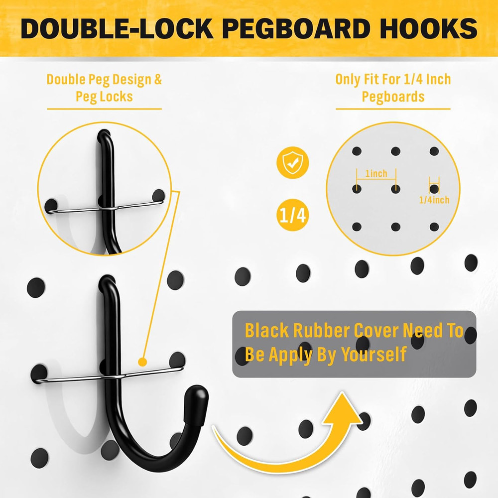 200-PC Extra Thick Pegboard Hooks Set 1/4" Heavy Duty Black Peg Board Organizer