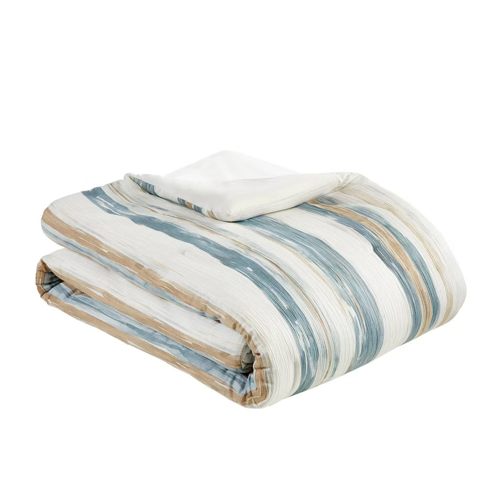 5pc Queen Watercolor Striped Bedding Set Blue