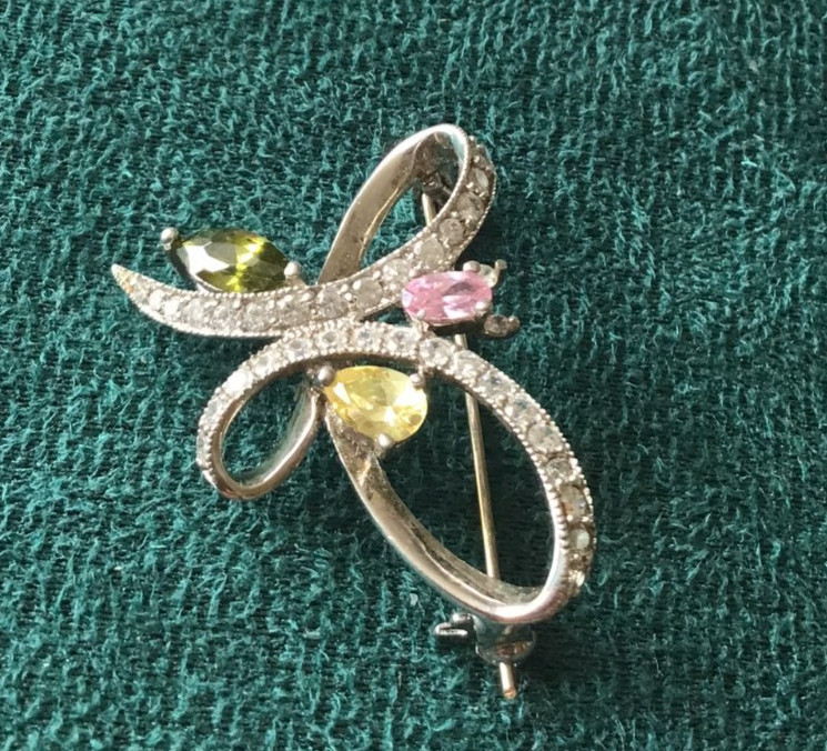 Sterling Silver 3-Gem (Peridot, Pink Tourmaline & Citrine) Butterfly Brooch
