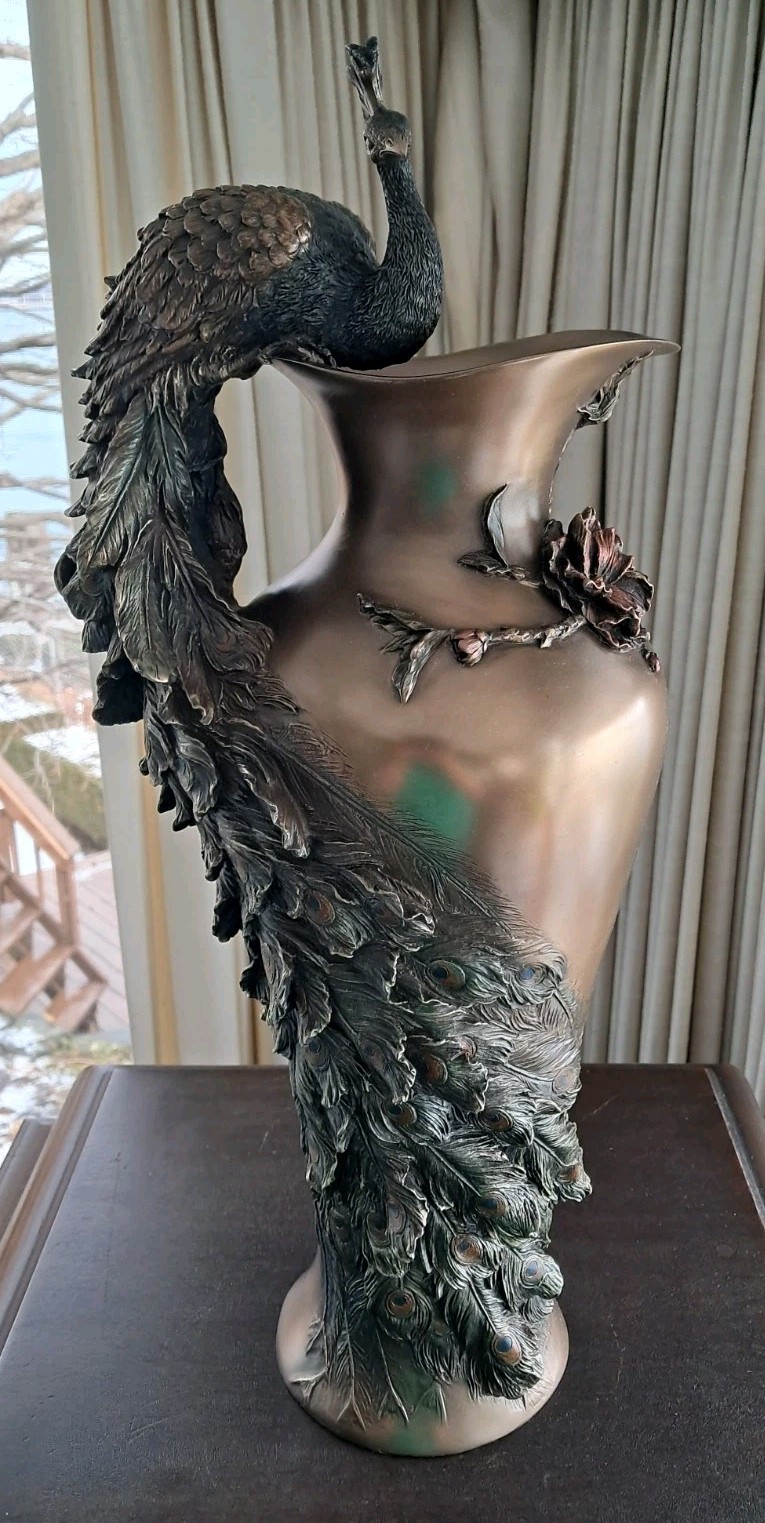 Bronze Style Prunus And Peacock Large Decorative Flower Vase ~ 19.5" Signed