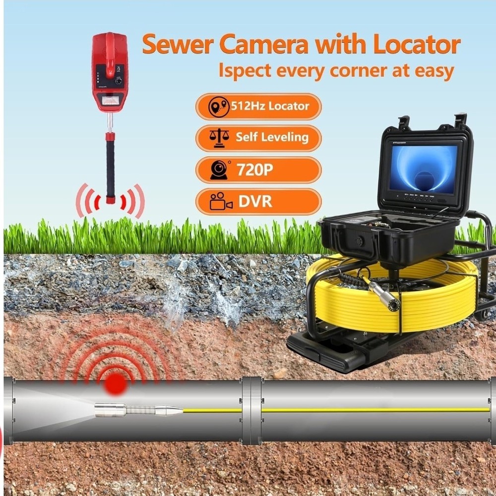 Sewer Camera with Locator,165FT/50M,Pull Handle,Self Leveling,7MM Cable,9'' IPS