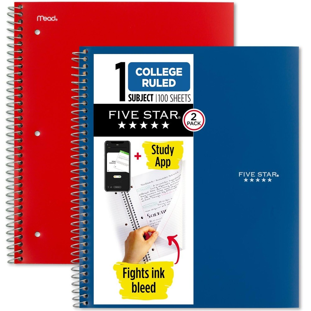 Five Star 1 Subject College Ruled Notebook 2 Pack Blue Red Durable Waterproof