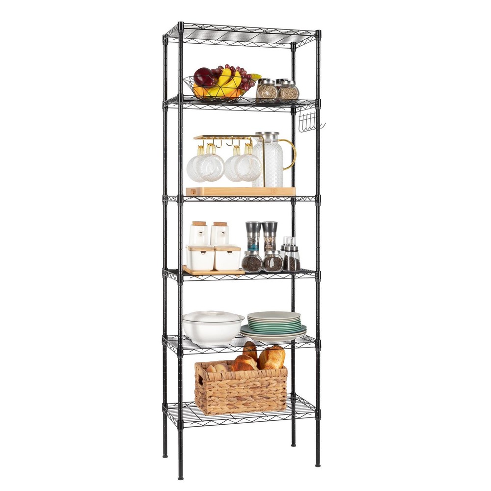 65" Adjustable Rolling Storage Rack 6-Tier Wire Shelving Unit with Hanging Hooks