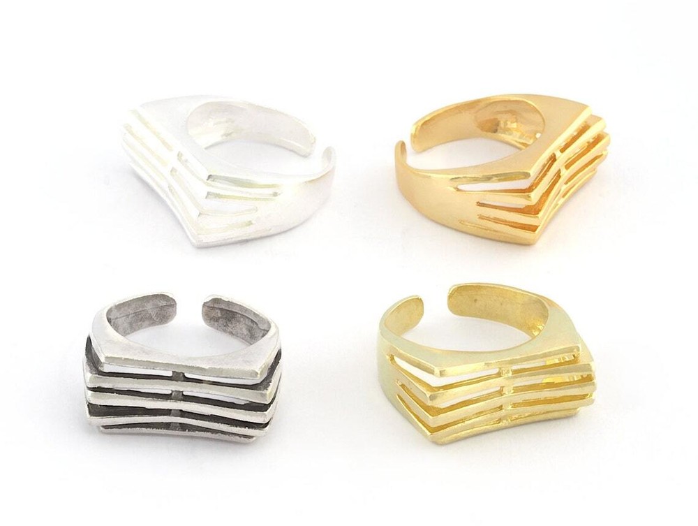 Lines Ring Adjustable Raw Brass,Antique Silver Shiny silver-gold (8us) 5357