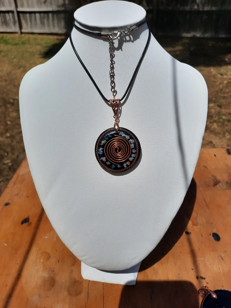 Small Tensor Ring, Tesla Coil + Shungite Orgone Amulet w Welo Opal
