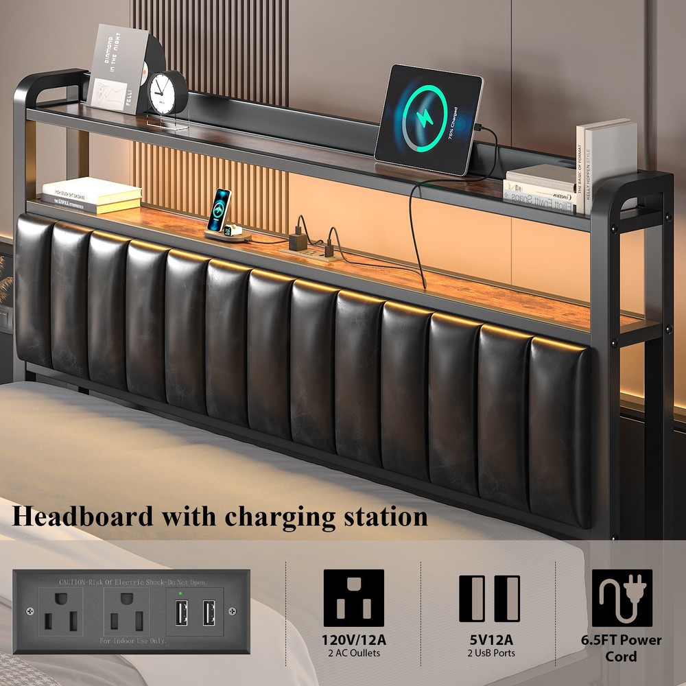 Metal Bed Frame Full Queen with Upholstered Storage&Charging Headboard&LED Light