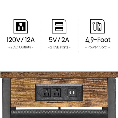 C Shaped End Table with Charging Station, Side Table for Sofa, Couch 2 Brown
