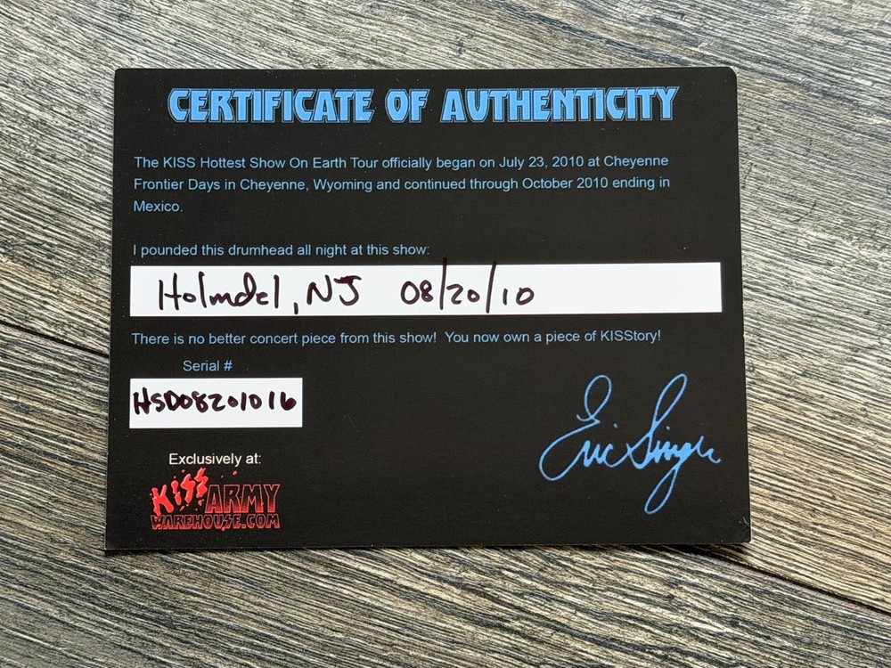 KISS Drumhead ERIC SINGER Concert Used Signed Autograph CoA 16" NJ 2010 Tour