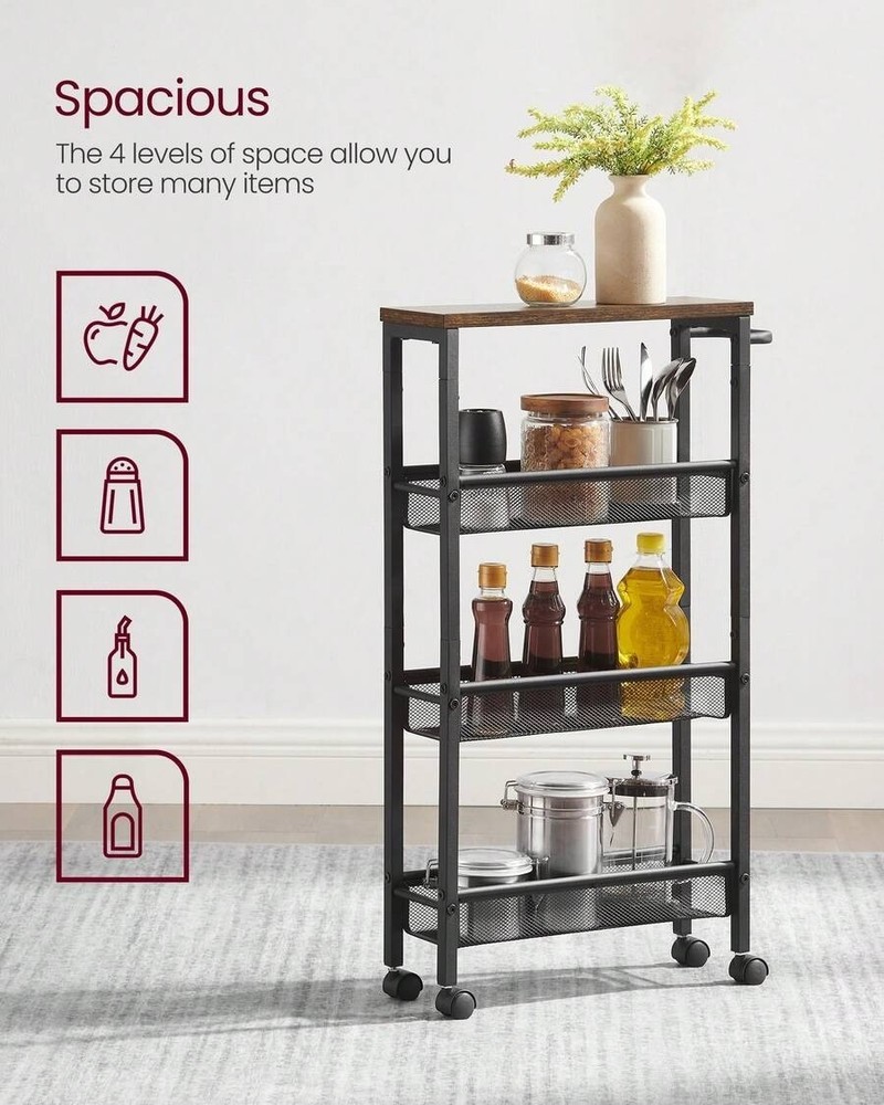 VASAGLE 4-Tier Slim Rolling Storage Cart With Handle & Casters, Black