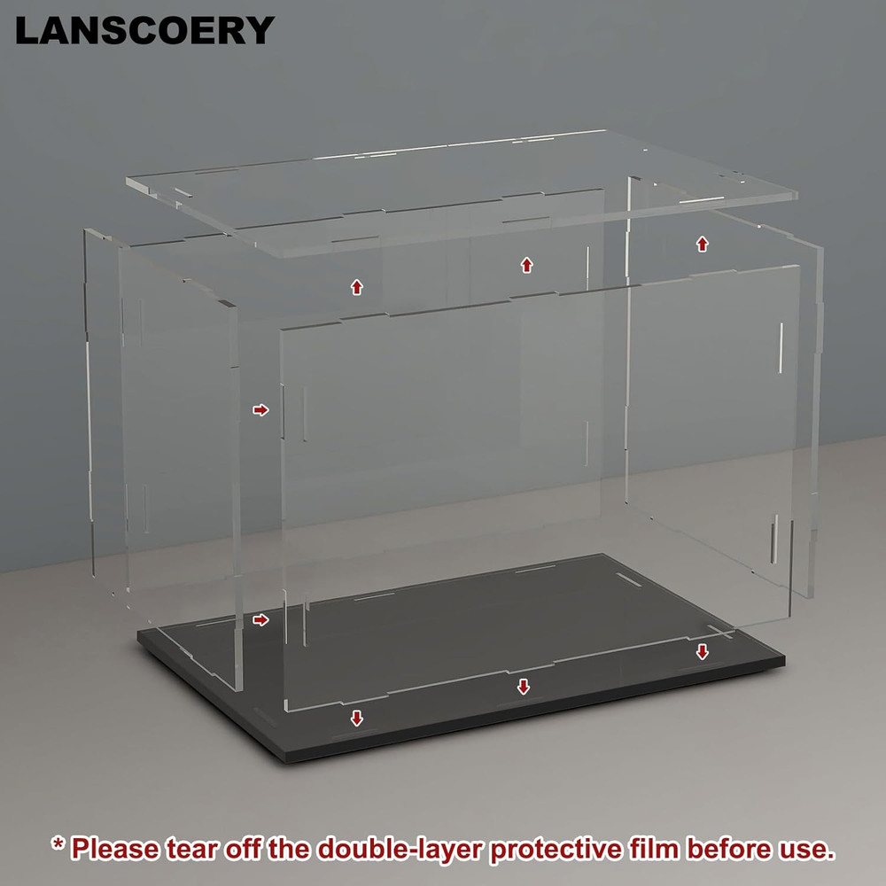 Clear Acrylic Display Case, Assemble Small Display Box Stand with Black Base, Du