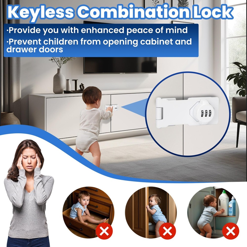 Keyless Cabinet Lock Combination Code 3-Digit Hasp Latch White 4.5 Inch