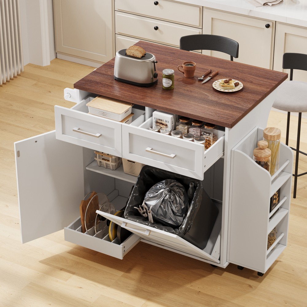 Farmhouse Kitchen Island with Drop Leaf Removable Side Racks Two Drawers