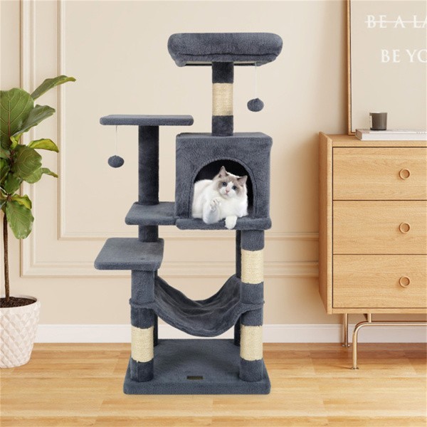 44" Multi-Level Cat Tree with Spacious Top Perch, 2-Door Condo & Hammock for Ind