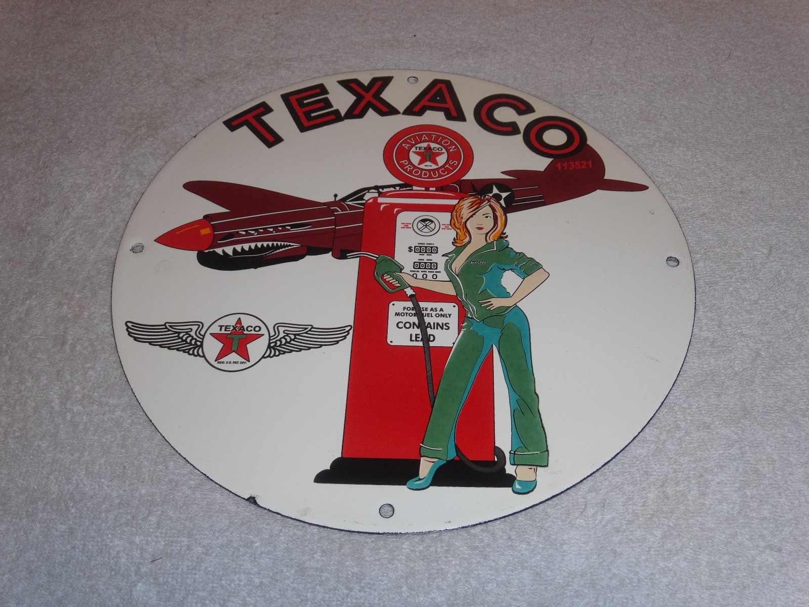 VINTAGE TEXACO AVIATION FEMALE MODEL WW2 AIRPLANE 11 3/4" PORCELAIN GAS OIL SIGN