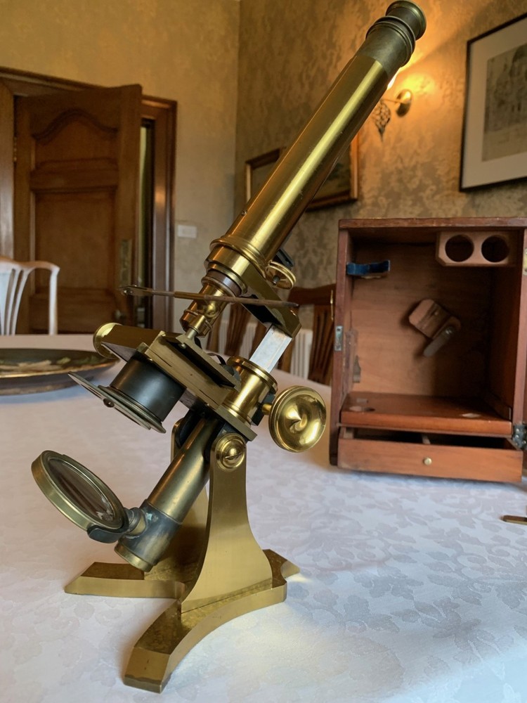 Very Early Antique Watson & Son Bar-limb Brass Microscope c1875 with Fitted Case